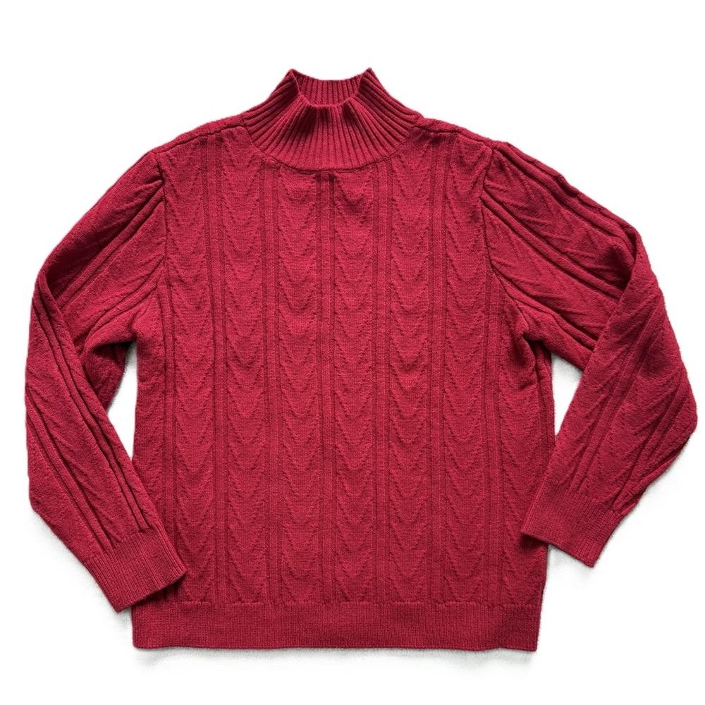 ANNE KLEIN | Red Chevron-Stitch Mock Neck Long Sleeve Sweater Sz M